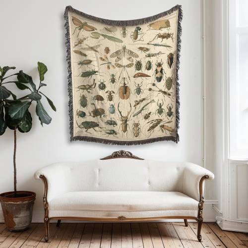 Vintage Beetle Insects Woven Blanket, Bugs Moths Cottagecore Tapestry Throw, Insect Lover Gifts, Neutral Decor, New Home Housewarming Gifts