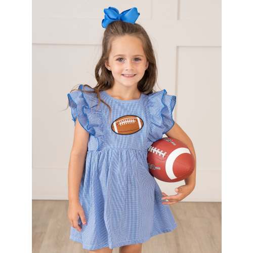 Blue Stripe Cotton Embroidered Football Ruffle Dress