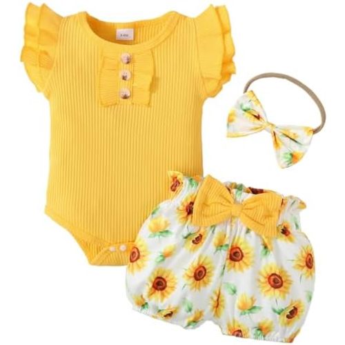 Baby Girl Clothes Newborn Infant Summer Outfits Ruffle Sleeve Romper and Floral Shorts Set for 0-18 Months