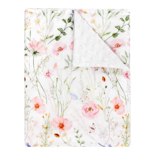 Super Soft Minky Toddler Blanket 30x40 Inches, Double Layer, Dotted Backing, Floral Baby Crib Blanket for Nursery, Car Seat, Pet, Colorful Flowers