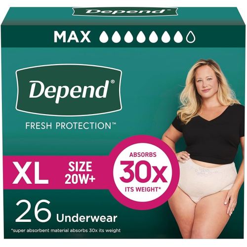 Depend Fresh Protection Adult Incontinence & Postpartum Bladder Leak Underwear for Women, Disposable, Maximum, Extra-Large, Blush, 26 Count, Packaging May Vary