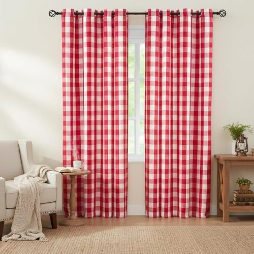 Jubilantex Red and Whitec Buffalo Check Semi Sheer Curtain Panels Gingham Curtains Farmhouse Style Grommet Top Window Drapes for Holiday Living Room Bedroom 52"x84",2 Panels