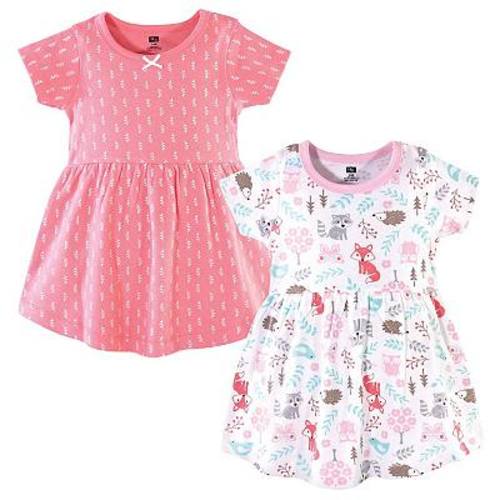 Hudson Baby Infant and Toddler Girl Cotton Short-Sleeve Dresses 2pk, Woodland Fox