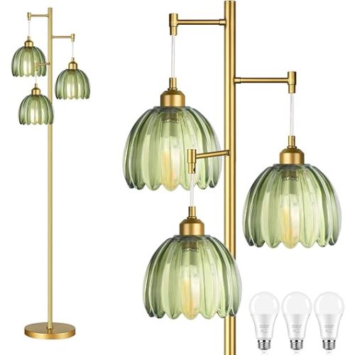 Gold Floor Lamp for Living Room,Bedroom,Mid Century Modern Standing Lamp Brass Tree 3 Light Tall Floor Lamps Vintage Retro Floor Lights Glass Green Flower Lamp Shade Farmhouse Boho Bohemian