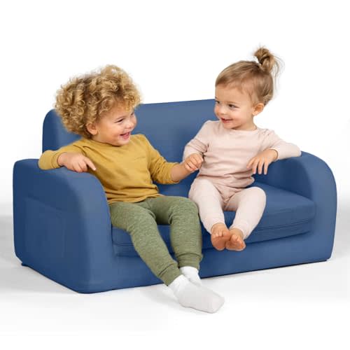 3-in-1 Extra Wide Convertible Kids Couch, Flip Open Toddler Couch to Lounger, Comfy Toddler Chair, Machine-Washable Kids Sofa for Girls, Kid Sofa Bed for Fun Playtime or Comfy Lounging, Dark Blue