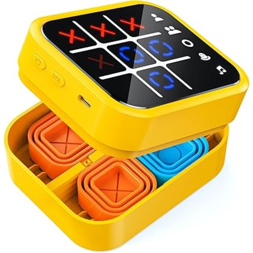 Rechargeable Tic Tac Toe Game Box, Upgraded 5 Fun Brain and Memory Games, Compact Handheld Puzzle Game Console, Portable Travel Game Ideal Gifts for Kids Ages 3+ Years Old (Yellow)