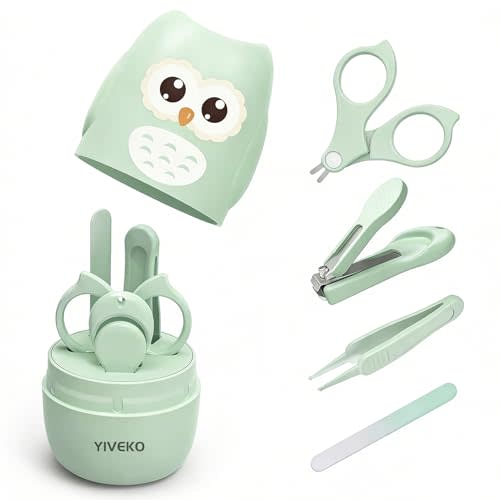 YIVEKO Baby Nail Kit, 4-in-1 Baby Nail Care Set with Cute Case, Baby Nail Clippers, Scissors, Nail File & Tweezers, Baby Manicure Kit and Pedicure kit for Newborn, Infant, Toddler, Kids-Owl Green