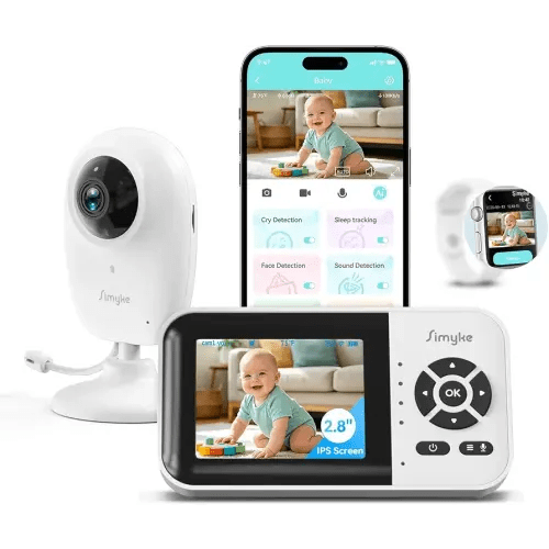 Simyke Smart Video Baby Monitor,2.8" Display & 1080p Camera,WiFi/No WiFi Modes,Cry Detection,2-Way Audio Talk,VOX/ECO,Feeding Timer,Temperature Sensor,Night Vision,8 Lullabies, Supports 4 Cameras