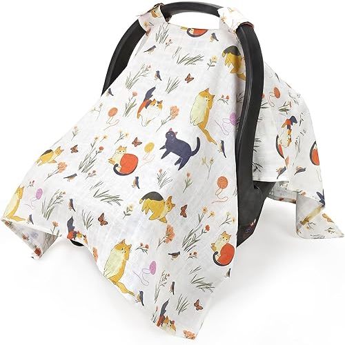 Metplus Car Seat Cover Baby, 100% Muslin Cotton Infant Carseat Covers for Boys and Girls, Lightweight Breathable Canopy, Summer Stroller Sun Shade, Newborn Travel Essentials(Cat)