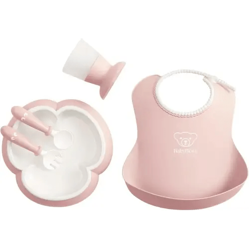 BabyBjörn Baby Dinner Set, 5 pcs, Powder pink Includes Baby Plate, Baby Fork, Baby Spoon, and Baby Cup Dishwasher Safe Toddler feeding set for self-feeding or baby-led weaning