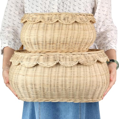 2pcs Hand Woven Rattan Scallopped Baskets with Lid, Small Rattan Basket, Decorative Wicker Storage Baskets, Storage Basket for Living Room, Bathroom, Bedroom, Food, Bread, Picnic