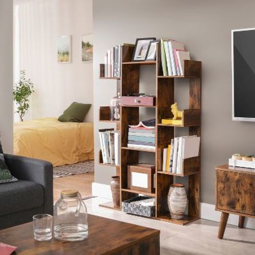 55''H Bookshelf, Tree-Shaped Bookcase with 13 Storage Shelves, Rounded Corners