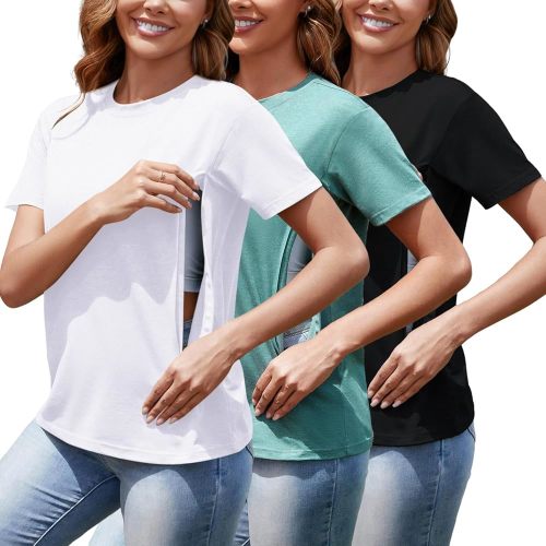 Women's 3-Pack Nursing Tops for Breastfeeding with Hidden Zippers Loose Fit Maternity Shirts