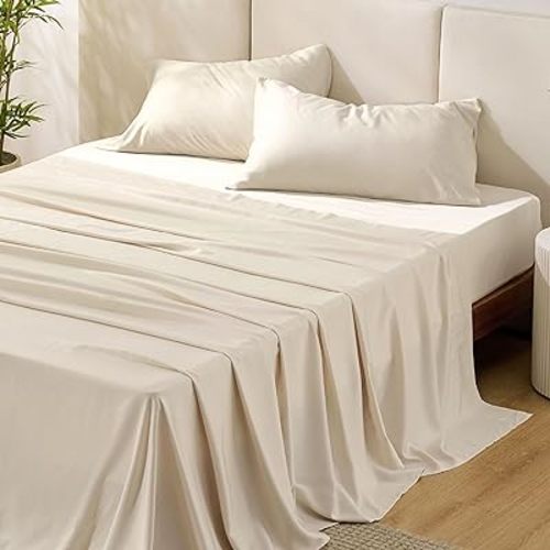 Bedsure King Size Sheets Set, Cooling Sheets for Hot Sleepers, Rayon Derived from Bamboo, Breathable & Soft, Deep Pocket Up to 16 Inches, Hotel Luxury Silky Bedding, Light Beige