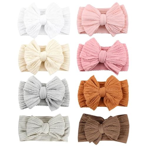 8 Pcs Baby Bows Headbands Soft Nylon Hairbands Super Elastic Headband Hair Accessories For Baby Girls Infant Toddler Essentials (8 Color-Green, Mid)