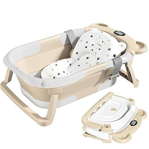 TPN Collapsible Baby Bathtub, Baby Bath Tub with Soft Cushion & Real-Time Thermometer, Baby Bathtub Infant to Toddler Tub (0-36 Months), Portable Newborn Travel Bath tub