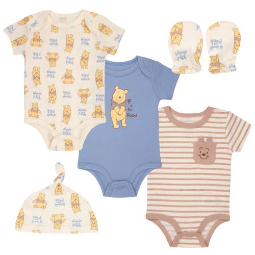 Disney Clothes Boys Winnie the Pooh 3-Pack Bodysuit Set with Hat & Mittens – Winnie the Pooh Soft Cotton Baby Outfit Blue / Beige / Cream 3/6M