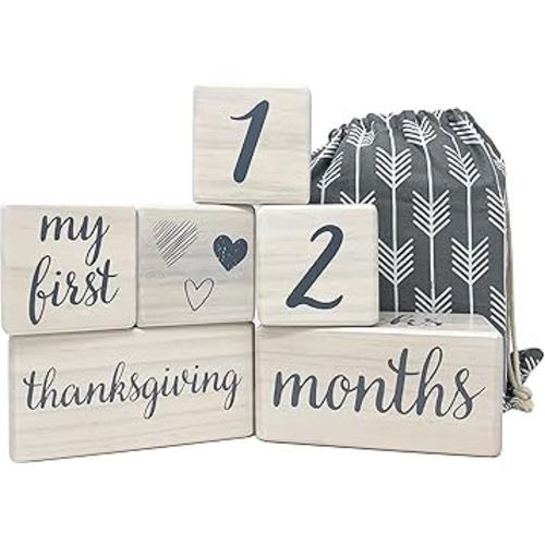 Pondering Pine Baby Milestone Blocks - Natural White Stain Pine Wood with Weeks Months Years Grade and Holidays, Newborn Weekly Monthly First Year Picture Props, 6 Block Milestones Age Set with Bag