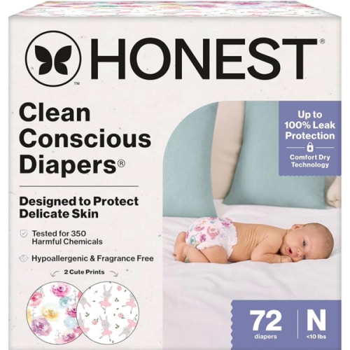 The Honest Company Clean Conscious Diapers for Delicate Skin, Up to 100% Leakproof Hypoallergenic Fragrance-Free Baby Diapers, Girl Prints, Club Box, Size Newborn, 72 Count (Prints May Vary)
