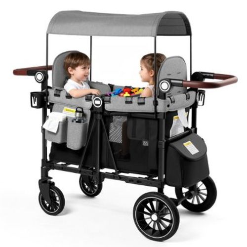 TODECARE Wagon Stroller for 2 Kids, All-Terrain Foldable Outdoor Stroller Wagon, Adjustable Handle, Shock-Absorbing Wheel, Detachable Tray, Black&Gray
