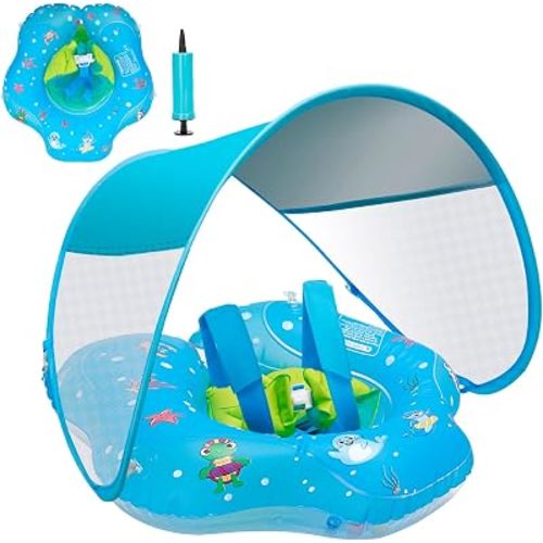 Baby Pool Float with Canopy,UPF50+ Sun Protection, Anti-Flip Double Air Chambers,Infants & Toddlers Swimming Water Float with Safety Seat, 2-in-1 Backstroke& Breaststroke, Suitable for 3-36 Months