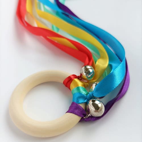Montessori Inspired Rainbow Ribbon Ring with Bells: Sensory Hand Kite Toy