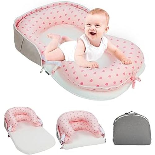 Portable Baby Lounger & Tummy Time with Zip-Up Carry Bag, Infant Support Cushion for Newborns to Toddlers (Pink)