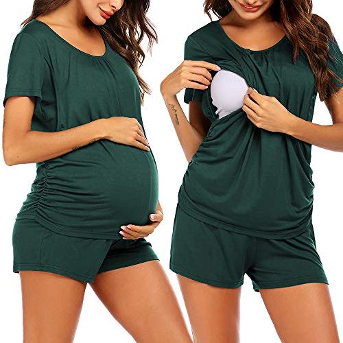 Ekouaer Women's Maternity Nursing Pajamas Set Breastfeeding Sleepwear Double Layer Short Sleeve Top & Shorts Pregnancy PJS