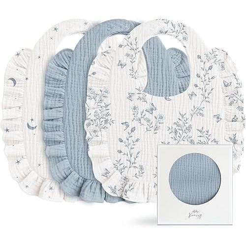 Konssy Muslin Baby Bibs for Girls – Soft 100% Cotton Drool Bibs, Ruffle Trim for Newborns & Toddlers 0-36 Months 3-Pack