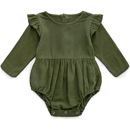 Simplee kids Baby Girl Romper, Cotton Linen Long Sleeve Solid Color, 0-3T