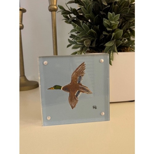 Flying Mallard Original Art Framed in Acrylic Block: 4x4” mallard duck grandmillenial painting, small baby nursery art, blue and green art