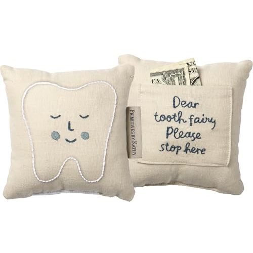 Primitives by Kathy Dear Tooth Fairy Stop Here Mini Tooth Pillow, 5x5-Inch, Cotton Blend, Blue Embroidered Keepsake with Storage Pocket and Tooth Design on Front