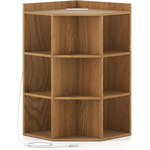 Giantex 3-Tier Corner Cabinet with Charging Station, Corner Shelf with 9 Cubbies, 2 USB Ports & 4 Outlets, Cube Bookshelf, Storage Organizer for Small Spaces, Playroom, Living Room (Natural)