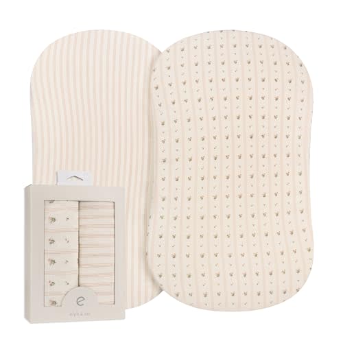 Ely's & Co. Bassinet Sheets, Baby Girl Fitted Bassinet Mattress Sheet Set - 2 Pack, 100% Jersey Knit Cotton, fits Oval, Hourglass and Rectangle Mattress, Pink Linear Floral Collection, 32”x16”x3”