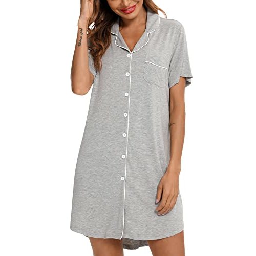 Samring Pajama Nightgown for Women Short/Long Sleeve Button Down Nightwear Top Boyfriend Sleep Shirts Nightdress S-XXL
