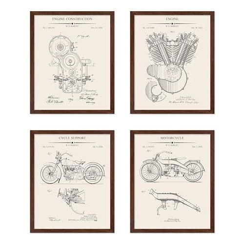 Poster Master 4-Piece Vintage Motorcycle Blueprint - Engine Patent Print - Cycle Support - Vehicle Art - Bike - Great Garage or Man Cave Wall Decor, 8x10 Brown Framed