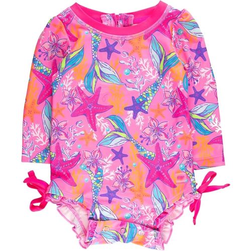RuffleButts Baby Girls UPF 50+ Sun Protection Floral Printed Long Sleeve One Piece Rash Guard Swimsuit with Zipper