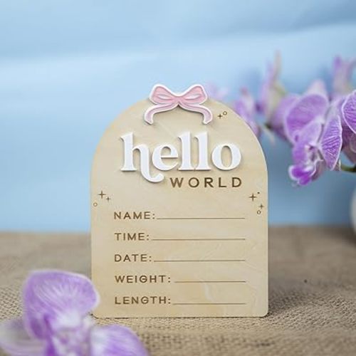 Baby Announcement Sign with Stand & Marker – Hello World Wooden Name Plaque for Newborn Photoshoot, Baby Shower, Rustic Keepsake Birth Stat Sign for Hospital Birth Announcement (Acrylic Ribbon)