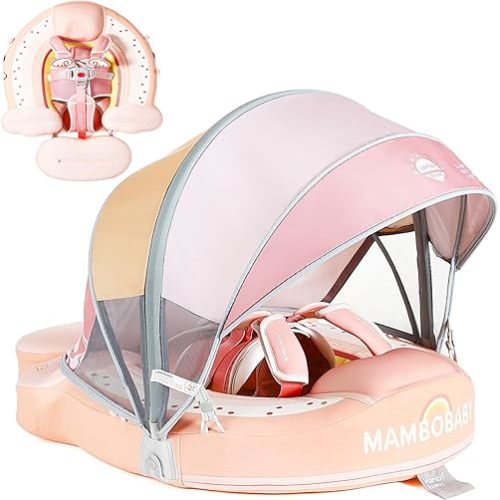 Baby Floats for Pool with Canopy Removable Sun Protection Canopy Mambobaby Float Non Inflatable Upgrade Add Tail Avoid Flip Waterproof Skin-Friendly Infant Swim Float 3-24 Months (Rainbow)