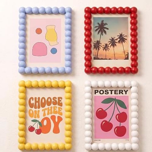AceOrbit 4 Pcs Beaded Picture Frames Colorful Picture Frame Maximalist Decorative Wavy Art Front Tabletop Display Wall Hanging Gift for Home Decoration (5x7 Inch,Italian Retro Color)