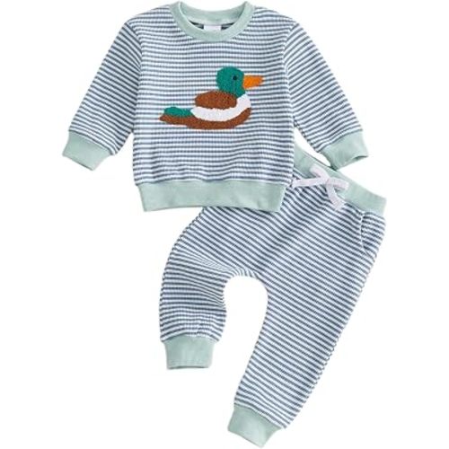 fhutpw Baby Toddler Boy Girl Fall Winter Clothes Embroidery Stripe Pullover Pants Sets Infant Long Sleeve Sweatshirt Outfits