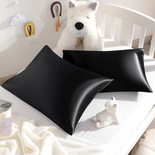 NTBAY Silk Satin Toddler Pillowcases, Small Pillow Case Pillow Cover 14x20 Inches with Envelope Closure, Soft and Silky Cooling Travel Pillow Covers for Nursery, Kids, Boys and Girls, Black, 2 Pack
