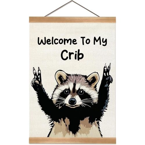 ZTGDA Welcome to My Crib Wall Art,Funny Raccoon Poster Durable Man Cave Wall Decor,Raccoon Canvas Hanging Sign for Entryway, Dorm Room, Nursery or Bedroom Decor (My crib raccoon)