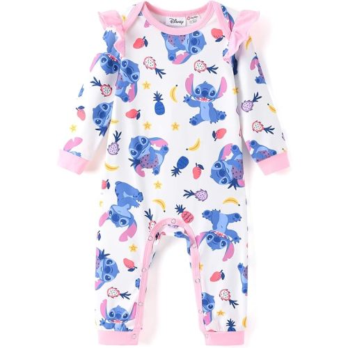 Disney Stitch Princess Cinderella Ariel Minnie Winnie Baby Girls Ruffle Long Sleeve Romper Bodysuit for Newborn to Toddler