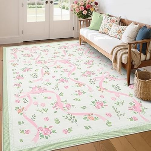 GarveeHome Coquette Pink and Green Rugs for Bedroom Girls, 6x9 Area Rugs for Living Room with Soft Low Pile, Non Slip Floral Bow Washable Rug 6x9 for Nursery Kids Playroom Dorm Dining Room