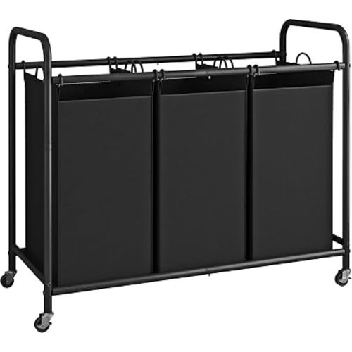 LINZINAR 3-Bag Laundry Hamper, Black Laundry Basket, 35.6 Gal(135 L) Laundry Sorter Cart Laundry Room Organization with Heavy Duty Rolling Lockable Wheels and Removable Bags