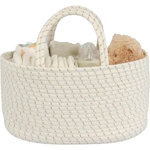 Diaper Caddy Organizer Cotton Rope Baby Basket Nursery Storage and Portable Tote Bag for Car Ideal Baby Shower Gifts and Registry Must-Have for Newborn Essentials striped