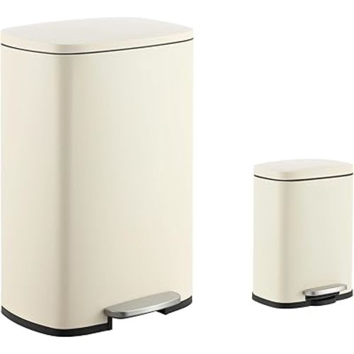 happimess HPM1006F Connor Rectangular 13-Gallon Trash Can with Soft-Close Lid and Free Mini Trash Can, Fingerprint Resistant, Modern, Minimalistic for Home, Kitchen, Office, Bathroom, Limestone Beige