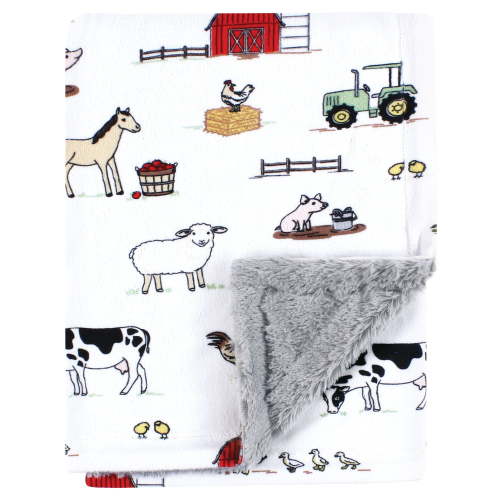 Hudson Baby Plush Blanket with Furry Binding and Back, Farm, One Size