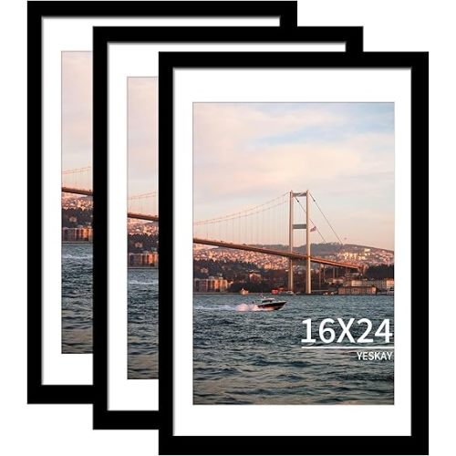 16x24 Picture Frame Black Set of 3, Display Pictures 12x18 with Mat or 16 x 24 Without Mat, Poster Frames 16x24 Poster Frames for Wall Hanging Horizontal and Vertical